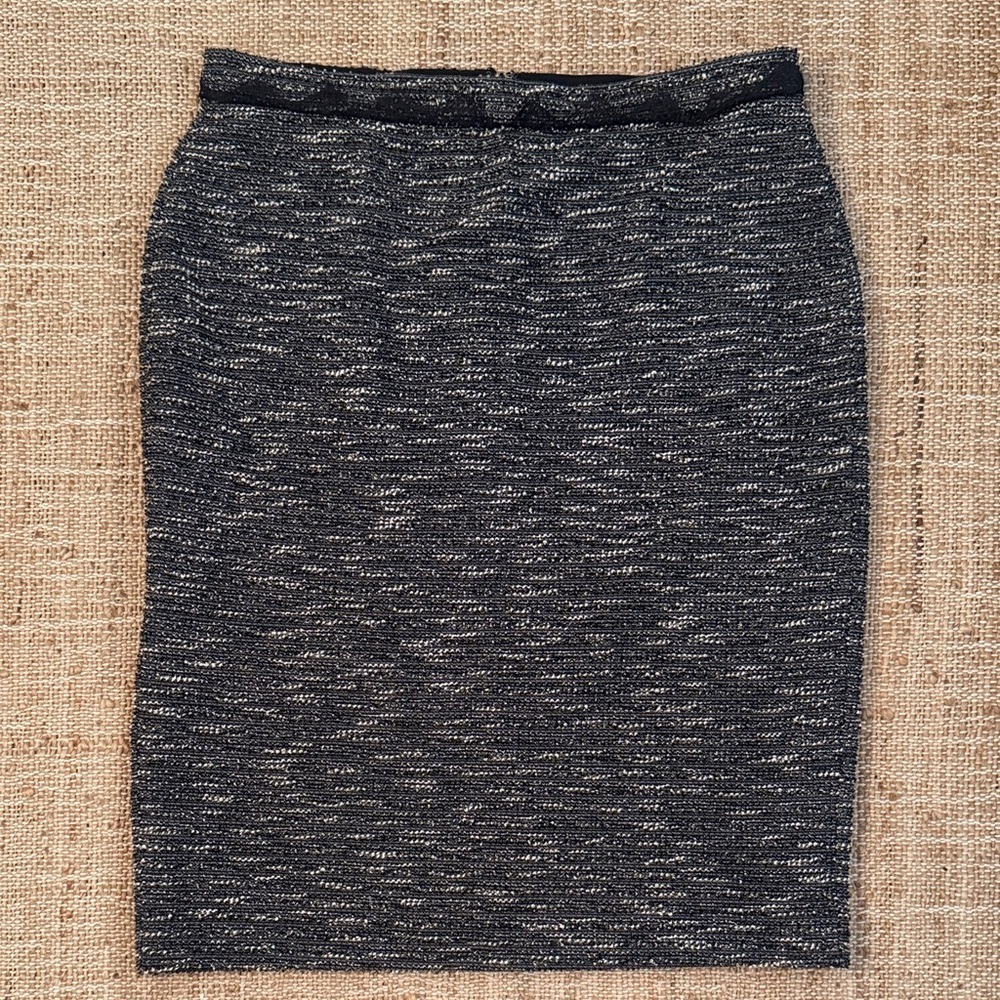 Ann Taylor Black and Gray Metallic Tweed Stretch Lace Trim Pencil Skirt Medium